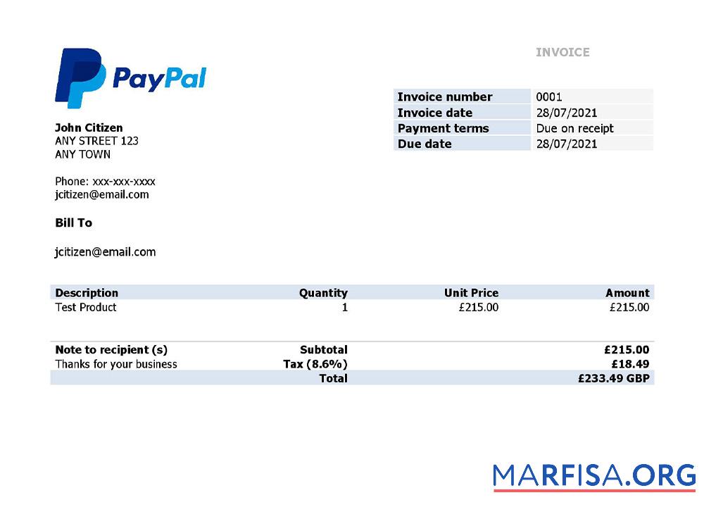 Blank USA PayPal invoice real example